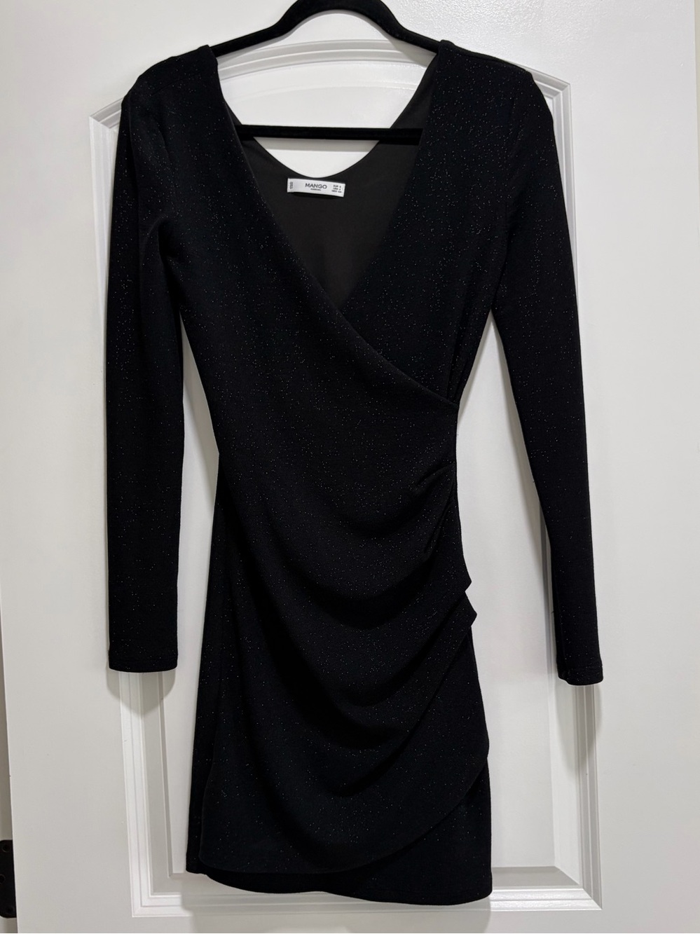 Mango Black Long Sleeve Ruched Wrap Mini Dress - Size 4.